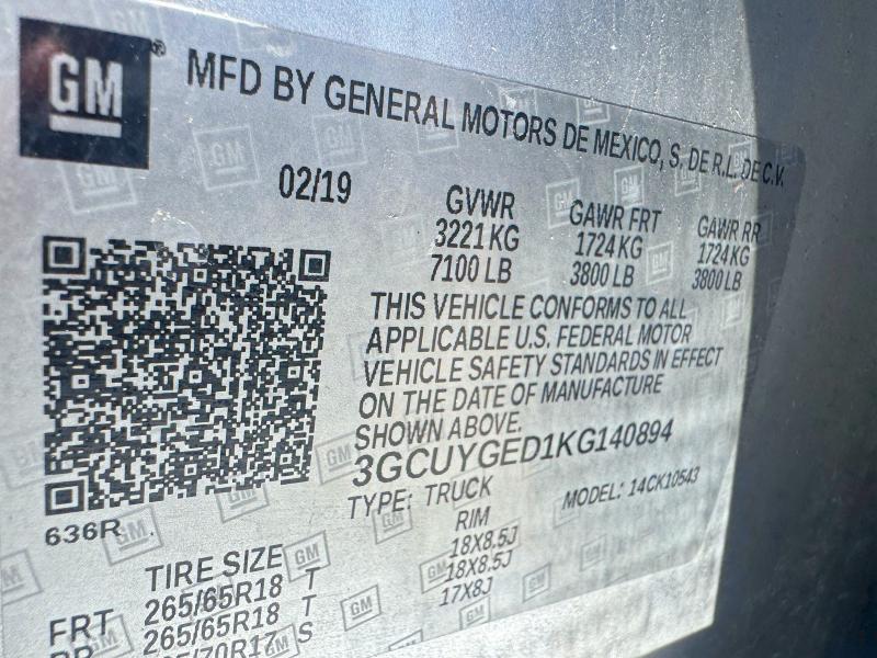 Продаж на аукціоні авто 2019 Chevrolet Silverado, vin: 3GCUYGED1KG140894, номер лоту: 63735776
