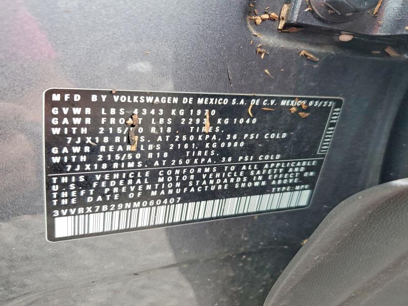 2022 Volkswagen Taos მანქანა იყიდება აუქციონზე, vin: 3VVRX7B29NM060407, აუქციონის ნომერი: 61979396