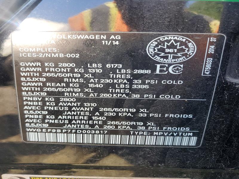 2015 Volkswagen Touareg მანქანა იყიდება აუქციონზე, vin: WVGEF9BP7FD003817, აუქციონის ნომერი: 62779136