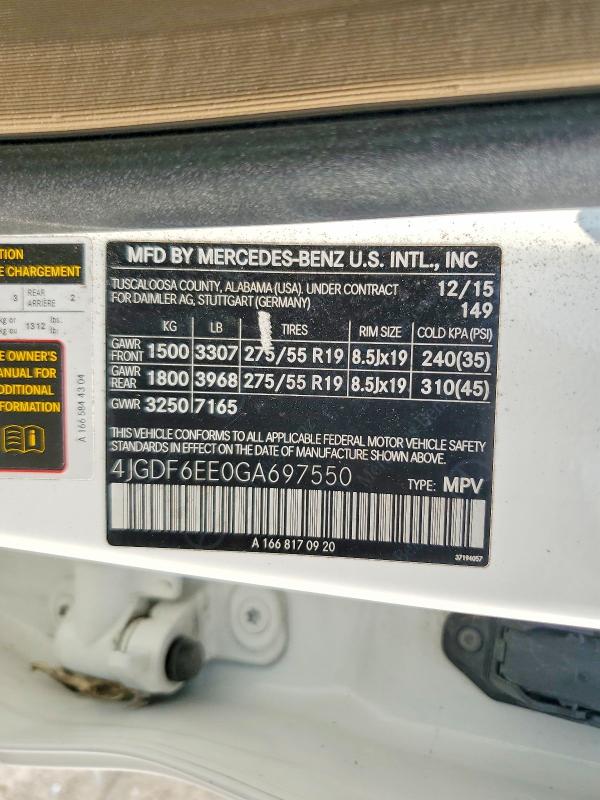 Продажа на аукционе авто 2016 Mercedes-benz Gl, vin: 4JGDF6EE0GA697550, номер лота: 61680036