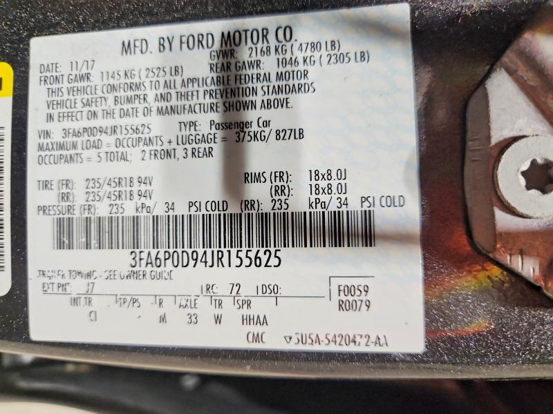 Продажа на аукционе авто 2018 Ford Fusion, vin: 3FA6P0D94JR155625, номер лота: 52033246