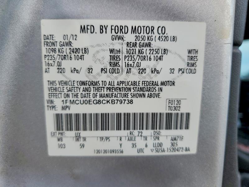 2012 Ford Escape მანქანა იყიდება აუქციონზე, vin: 1FMCU0EG8CKB79738, აუქციონის ნომერი: 60377606