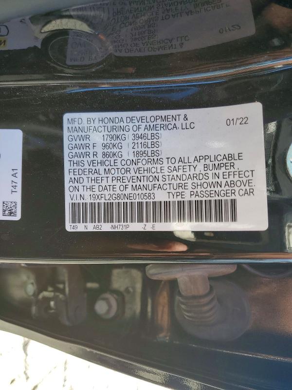 Продаж на аукціоні авто 2022 Honda Civic, vin: 19XFL2G80NE010583, номер лоту: 59538016