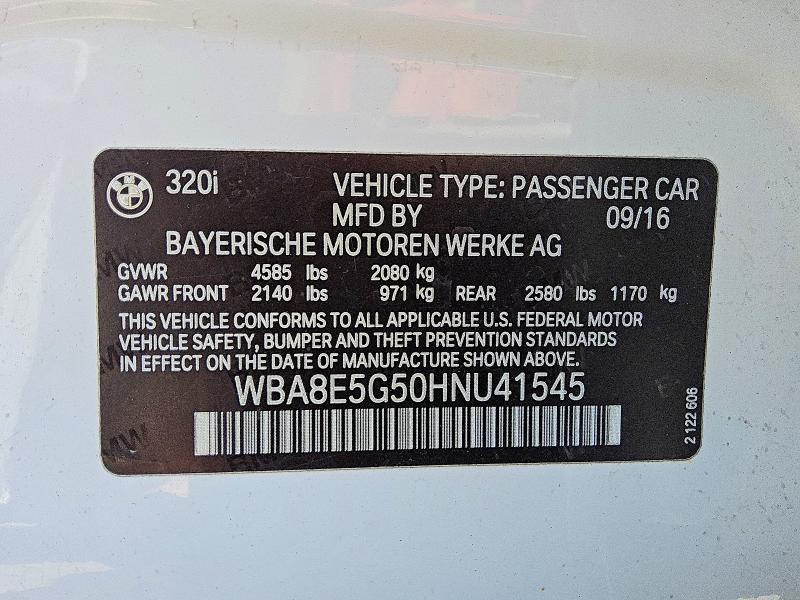 Продаж на аукціоні авто 2017 Bmw 320, vin: WBA8E5G50HNU41545, номер лоту: 59596376