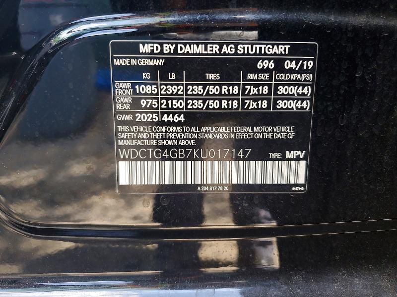 2019 Mercedes-benz Gla მანქანა იყიდება აუქციონზე, vin: WDCTG4GB7KU017147, აუქციონის ნომერი: 59807376