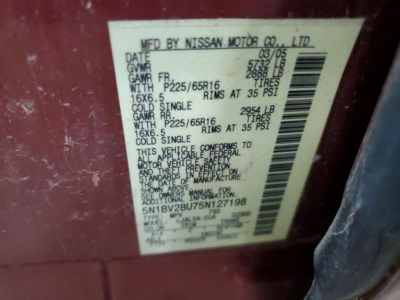 60081526 :رقم المزاد ، 5N1BV28U75N127198 vin ، 2005 Nissan Quest مزاد بيع
