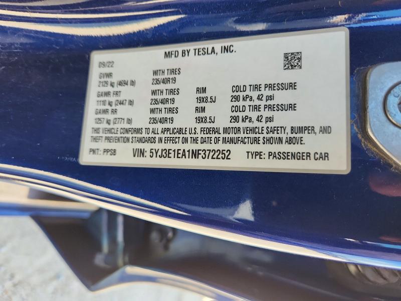 Aukcja sprzedaży 2022 Tesla Model 3, vin: 5YJ3E1EA1NF372252, numer aukcji: 62765756