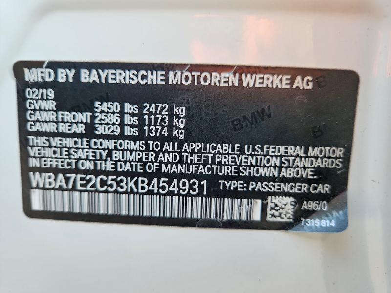Aukcja sprzedaży 2019 Bmw 740, vin: WBA7E2C53KB454931, numer aukcji: 59821056