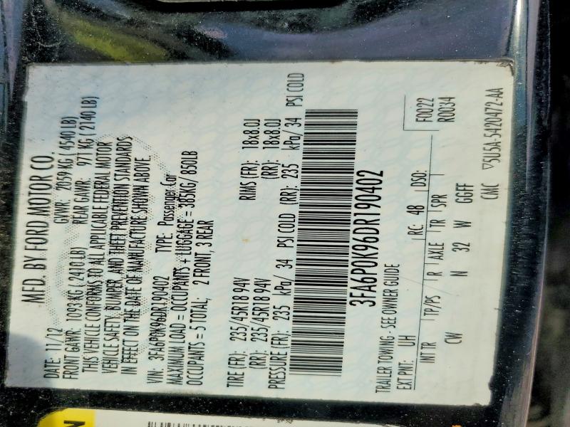 62286186 :رقم المزاد ، 3FA6P0K96DR190402 vin ، 2013 Ford Fusion مزاد بيع