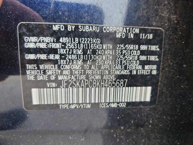 2019 Subaru Forester მანქანა იყიდება აუქციონზე, vin: JF2SKAPC8KH465687, აუქციონის ნომერი: 61353176