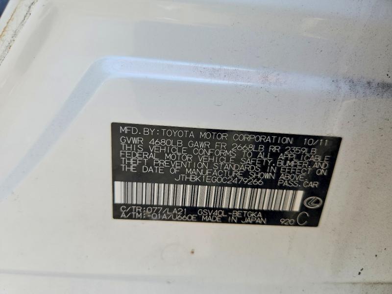 Aukcja sprzedaży 2012 Lexus Es, vin: JTHBK1EG0C2479266, numer aukcji: 85980235