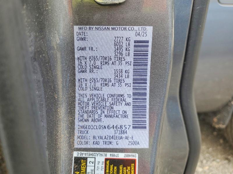 2025 Nissan Frontier მანქანა იყიდება აუქციონზე, vin: 1N6ED1CL0SN646857, აუქციონის ნომერი: 61814366