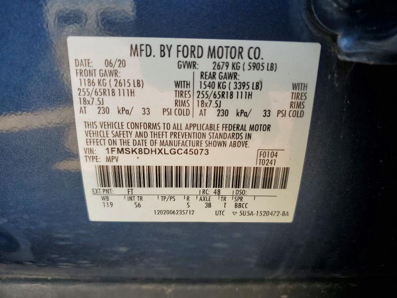 Aukcja sprzedaży 2020 Ford Explorer, vin: 1FMSK8DHXLGC45073, numer aukcji: 60528406