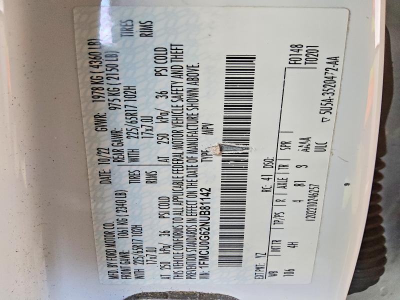 Aukcja sprzedaży 2022 Ford Escape, vin: 1FMCU0G62NUB81142, numer aukcji: 59654256