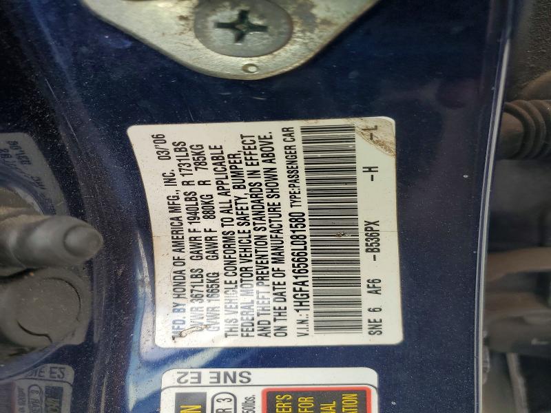 Продаж на аукціоні авто 2006 Honda Civic, vin: 1HGFA16566L081580, номер лоту: 62003456
