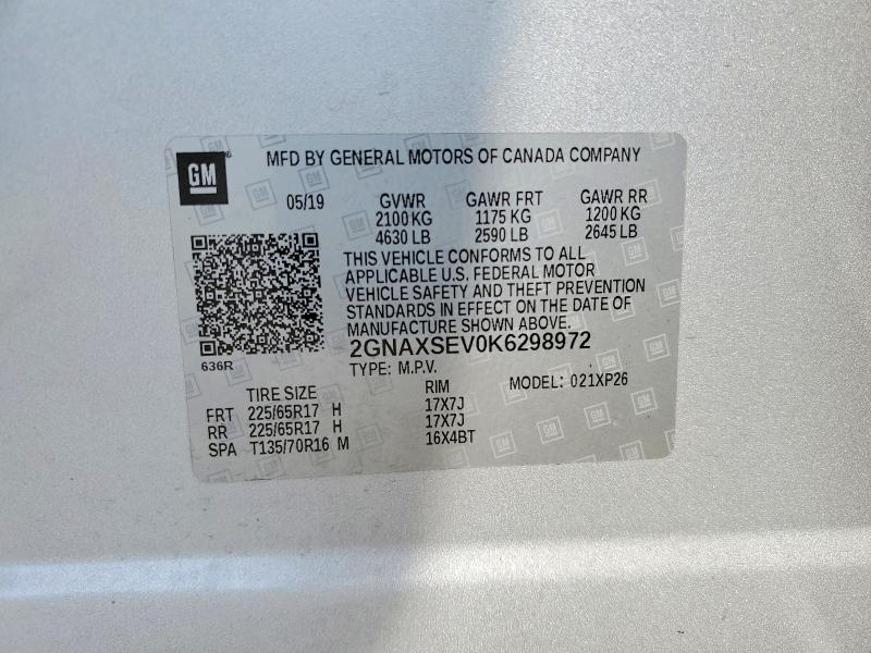 60997556 :رقم المزاد ، 2GNAXSEV0K6298972 vin ، 2019 Chevrolet Equinox مزاد بيع
