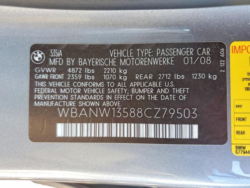 60527016 :رقم المزاد ، WBANW13588CZ79503 vin ، 2008 Bmw Unk مزاد بيع