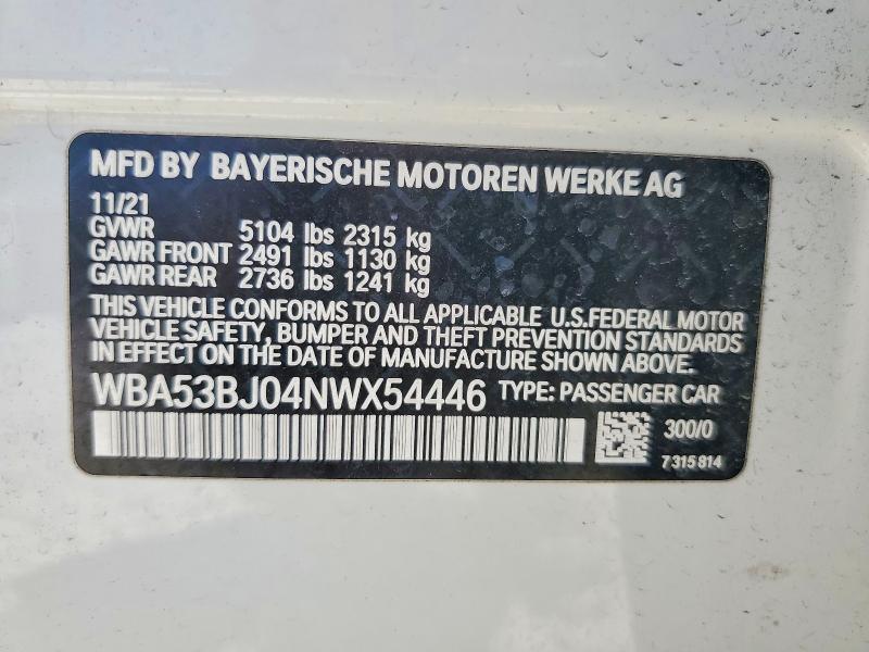 2022 Bmw 540 მანქანა იყიდება აუქციონზე, vin: WBA53BJ04NWX54446, აუქციონის ნომერი: 62064286