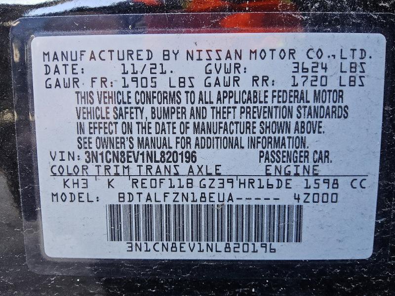 2022 Nissan Versa მანქანა იყიდება აუქციონზე, vin: 3N1CN8EV1NL820196, აუქციონის ნომერი: 61776626