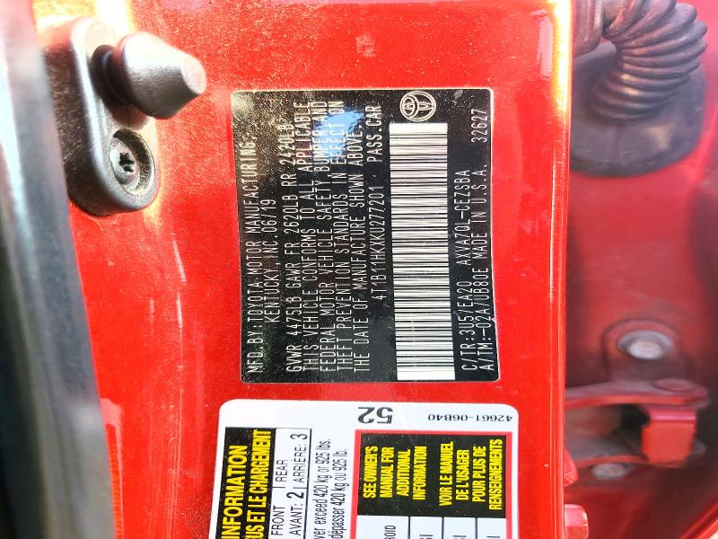 2019 Toyota Camry მანქანა იყიდება აუქციონზე, vin: 4T1B11HKXKU277201, აუქციონის ნომერი: 61499566