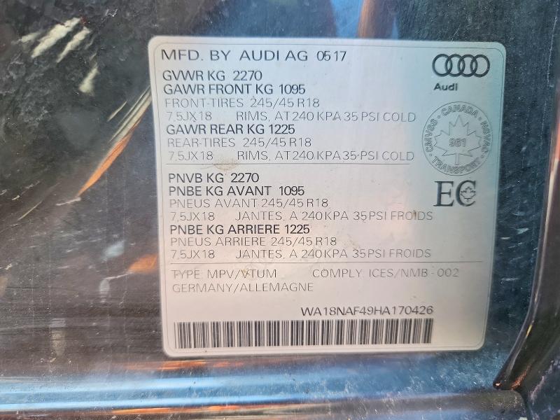 Продаж на аукціоні авто 2017 Audi A4 Allroad, vin: WA18NAF49HA170426, номер лоту: 57852116