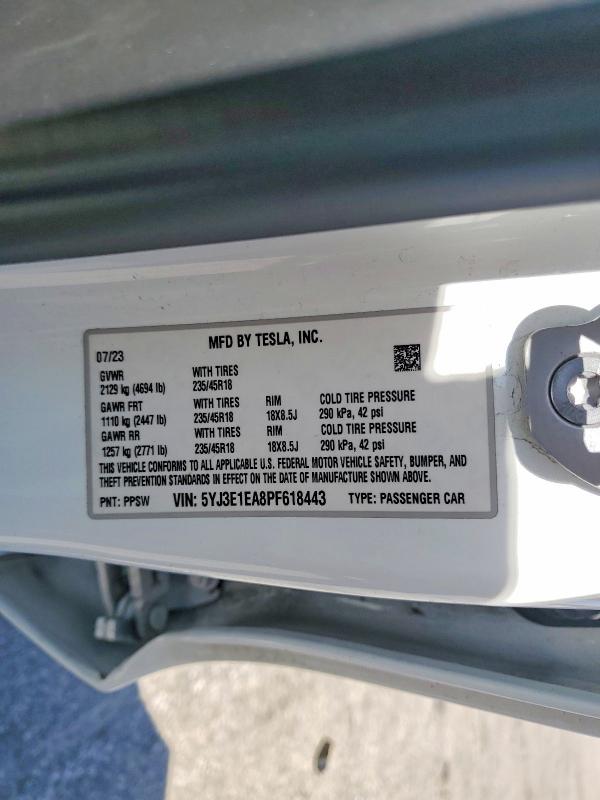 Aukcja sprzedaży 2023 Tesla Model 3, vin: 5YJ3E1EA8PF618443, numer aukcji: 61196686