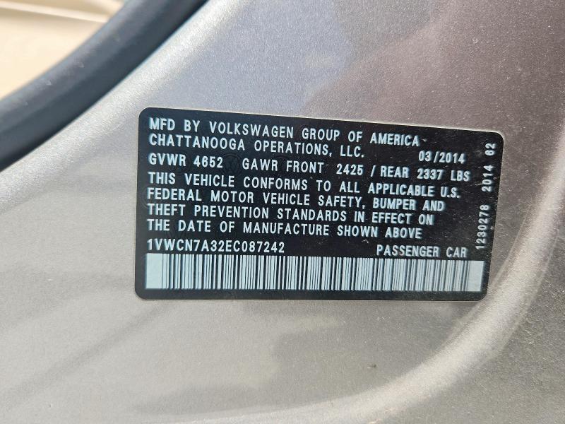 60045316 :رقم المزاد ، 1VWCN7A32EC087242 vin ، 2014 Volkswagen Passat مزاد بيع