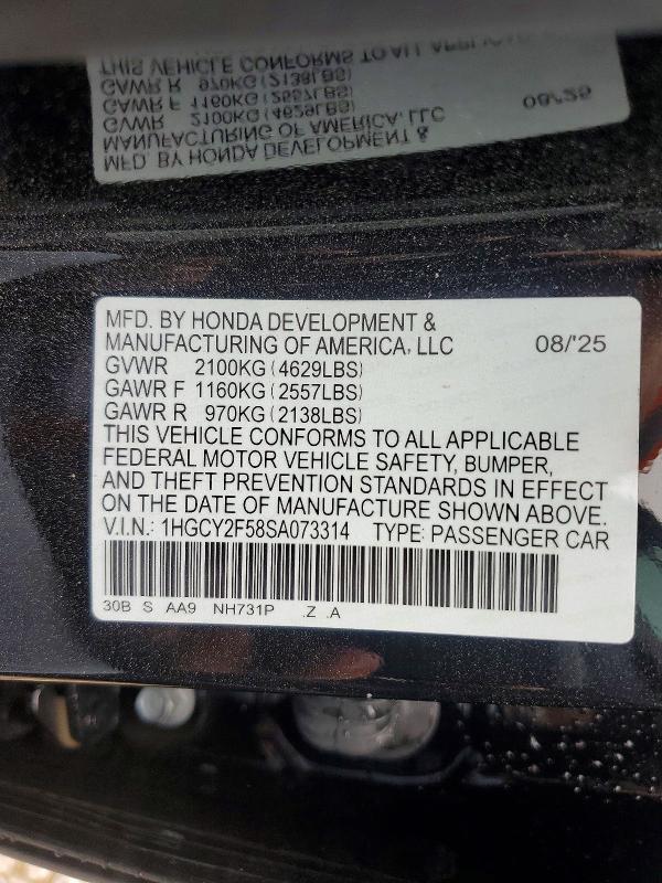 Продаж на аукціоні авто 2025 Honda Accord, vin: 1HGCY2F58SA073314, номер лоту: 59088806