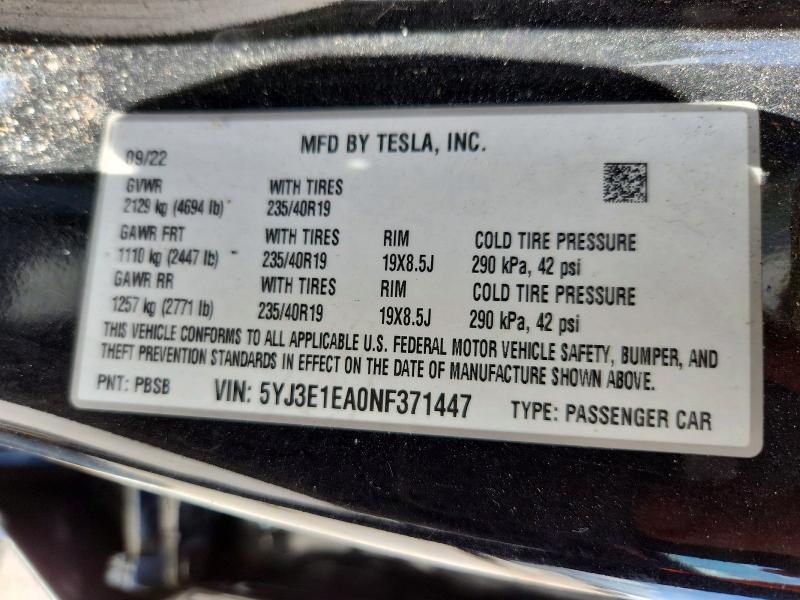 Продаж на аукціоні авто 2022 Tesla Model 3, vin: 5YJ3E1EA0NF371447, номер лоту: 62600276