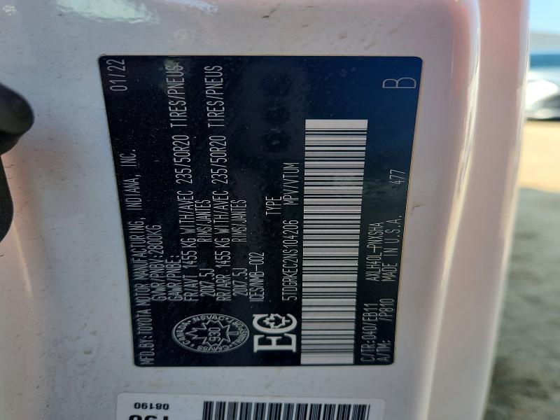 2022 Toyota Sienna მანქანა იყიდება აუქციონზე, vin: 5TDGRKEC2NS104206, აუქციონის ნომერი: 62996956