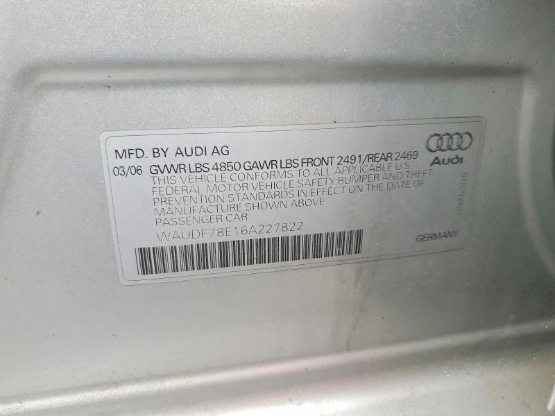 Продаж на аукціоні авто 2006 Audi A4, vin: WAUDF78E16A227822, номер лоту: 62856876