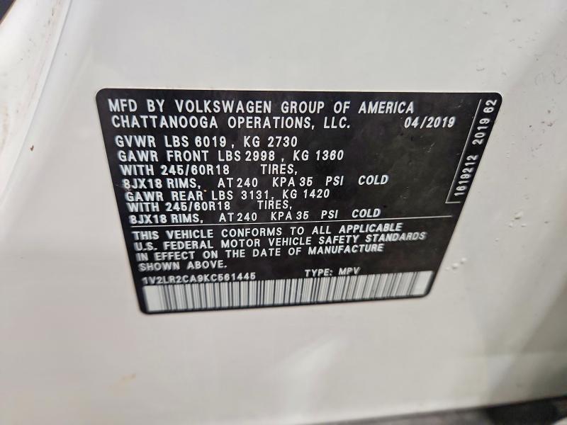 62501856 :رقم المزاد ، 1V2LR2CA9KC561445 vin ، 2019 Volkswagen Atlas مزاد بيع