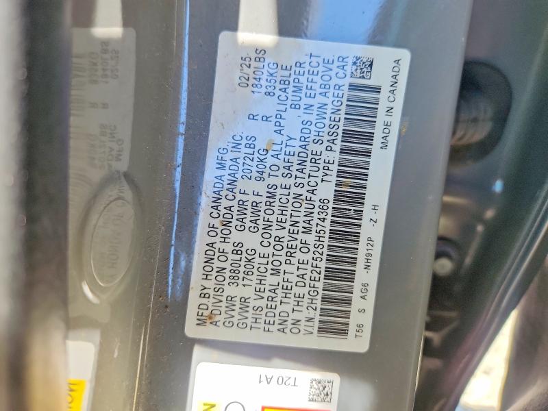 Продаж на аукціоні авто 2025 Honda Civic, vin: 2HGFE2F52SH574366, номер лоту: 61071496
