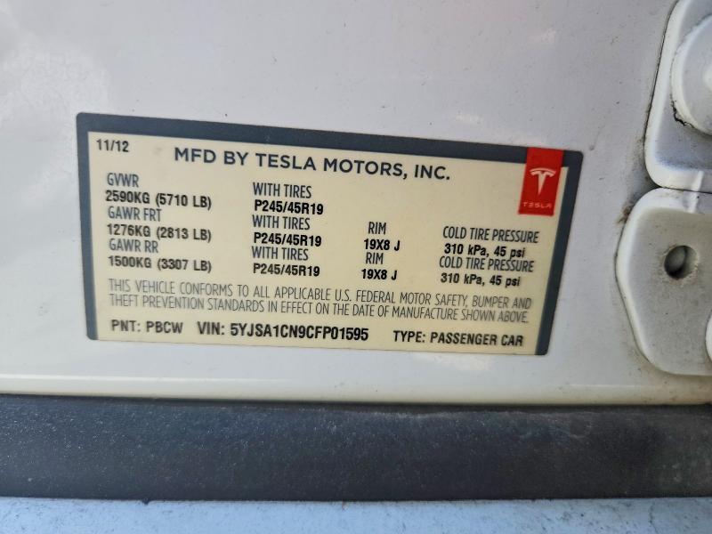 2012 Tesla Model S მანქანა იყიდება აუქციონზე, vin: 5YJSA1CN9CFP01595, აუქციონის ნომერი: 56625336