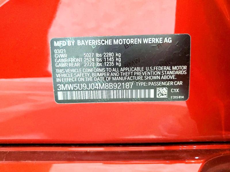 61782706 :رقم المزاد ، 3MW5U9J04M8B92187 vin ، 2021 Bmw M340xi مزاد بيع