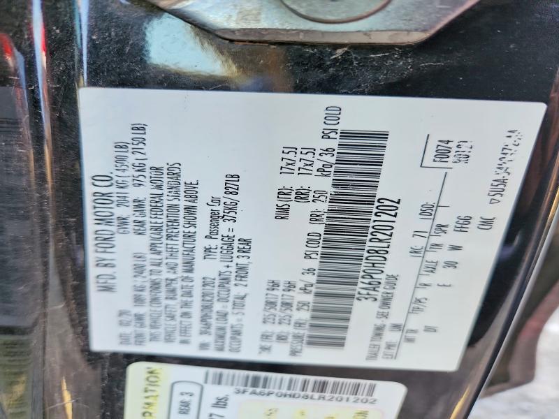 60660876 :رقم المزاد ، 3FA6P0HD8LR201202 vin ، 2020 Ford Fusion مزاد بيع