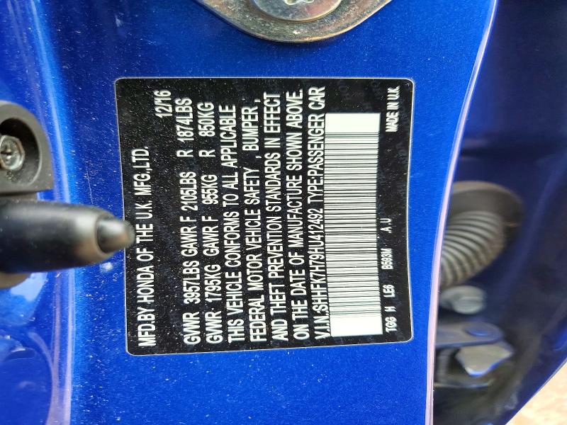 Продажа на аукционе авто 2017 Honda Civic, vin: SHHFK7H79HU412492, номер лота: 62272196