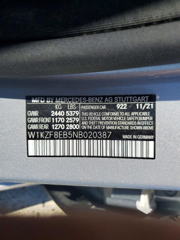 61029526 :رقم المزاد ، W1KZF8EB5NB020387 vin ، 2022 Mercedes-benz E مزاد بيع