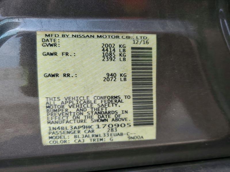 2017 Nissan Altima მანქანა იყიდება აუქციონზე, vin: 1N4BL3AP9HC170905, აუქციონის ნომერი: 63110576