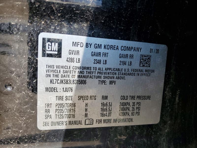 Aukcja sprzedaży 2020 Chevrolet Trax, vin: KL7CJKSB3LB315806, numer aukcji: 58857836