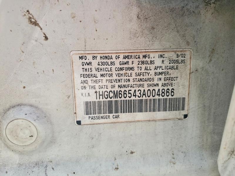 60117186 :رقم المزاد ، 1HGCM66543A004866 vin ، 2003 Honda Accord مزاد بيع