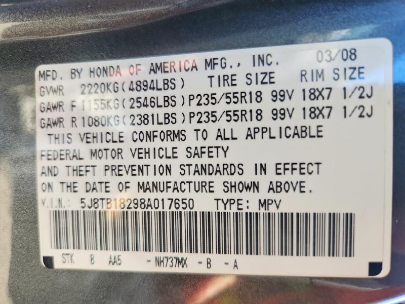 61394976 :رقم المزاد ، 5J8TB18298A017650 vin ، 2008 Acura Rdx مزاد بيع