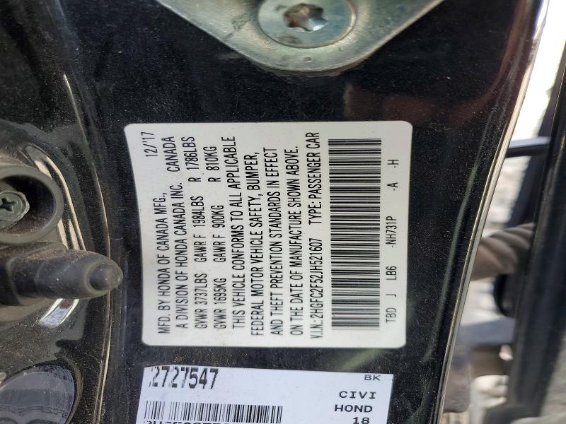 60307256 :رقم المزاد ، 2HGFC2F52JH521607 vin ، 2018 Honda Civic مزاد بيع