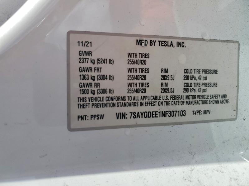 62148226 :رقم المزاد ، 7SAYGDEE1NF307103 vin ، 2022 Tesla Model Y مزاد بيع