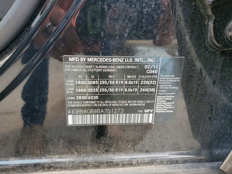2011 Mercedes-benz Ml მანქანა იყიდება აუქციონზე, vin: 4JGBB8GB8BA701273, აუქციონის ნომერი: 62794656
