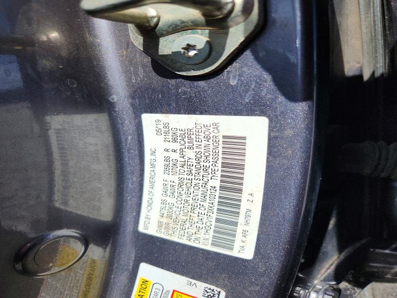 Auction sale of the 2019 Honda Accord, vin: 1HGCV1F3XKA103124, lot number: 61423106