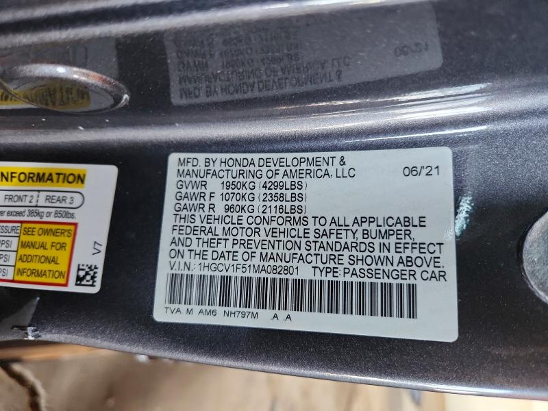 2021 Honda Accord მანქანა იყიდება აუქციონზე, vin: 1HGCV1F51MA082801, აუქციონის ნომერი: 60820746