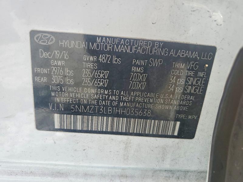 60981196 :رقم المزاد ، 5NMZT3LB1HH035638 vin ، 2017 Hyundai Santa Fe Sport مزاد بيع
