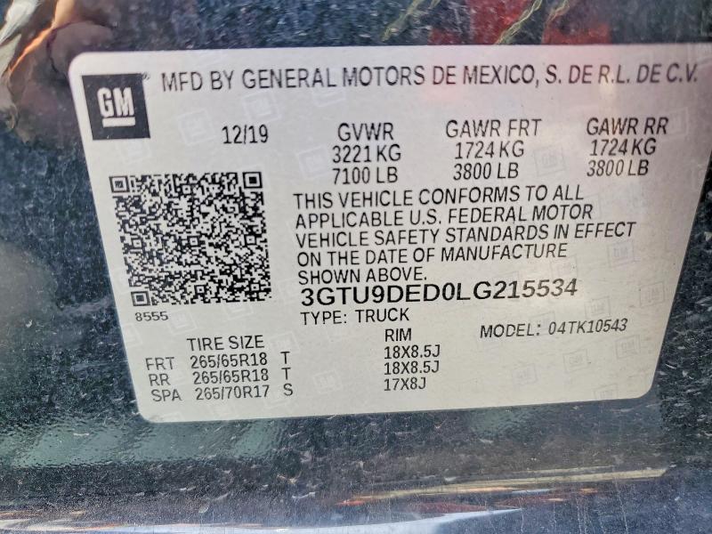 Aukcja sprzedaży 2020 Gmc Sierra, vin: 3GTU9DED0LG215534, numer aukcji: 59998896