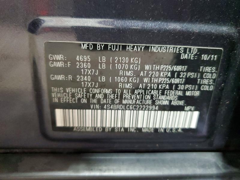 Aukcja sprzedaży 2012 Subaru Outback, vin: 4S4BRDLC6C2222994, numer aukcji: 62101296